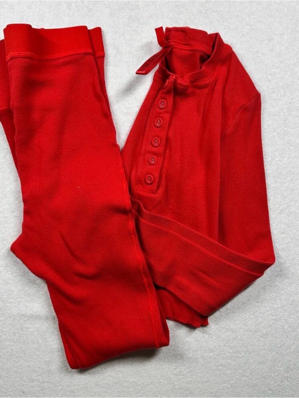 Skims Ribbed Thermal Set Red XS Cotton Blend Long Sleeve Henley  Lounge Set